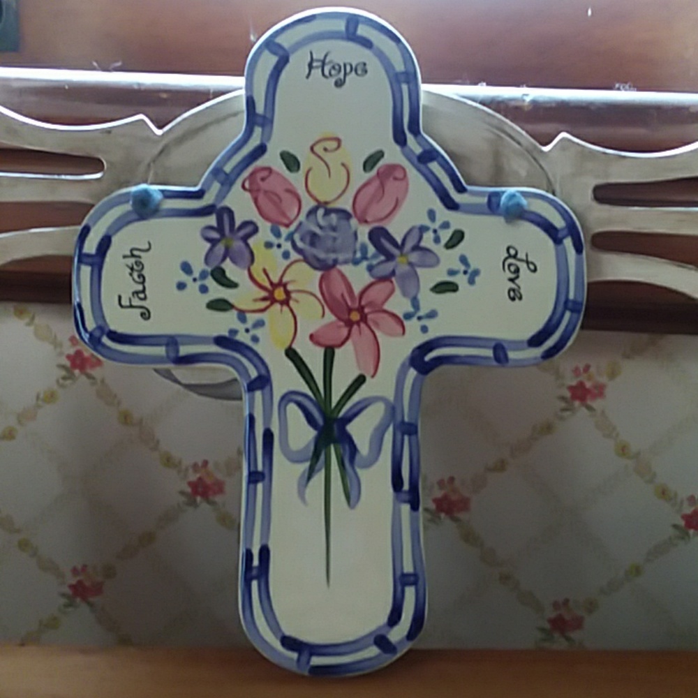 Handpainted glass Faith, Hope and Love cross